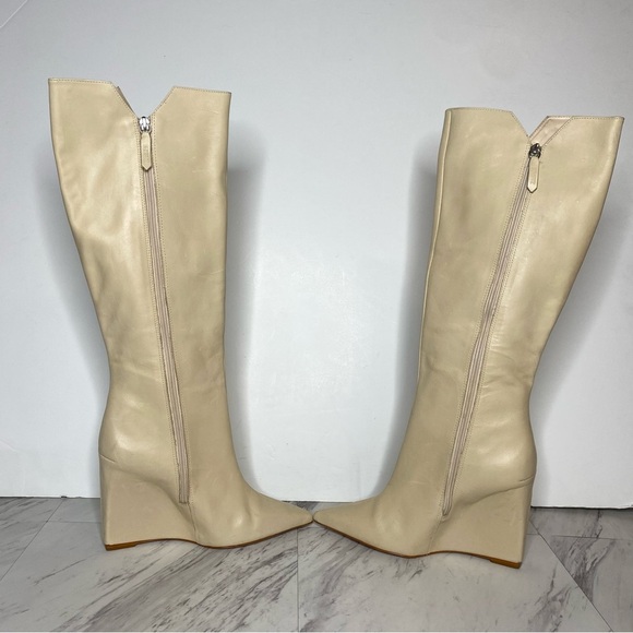 Schutz Asya Up Eggshell Leather Pointy Toe Wedge Tall Boot 9B - Picture 5 of 14